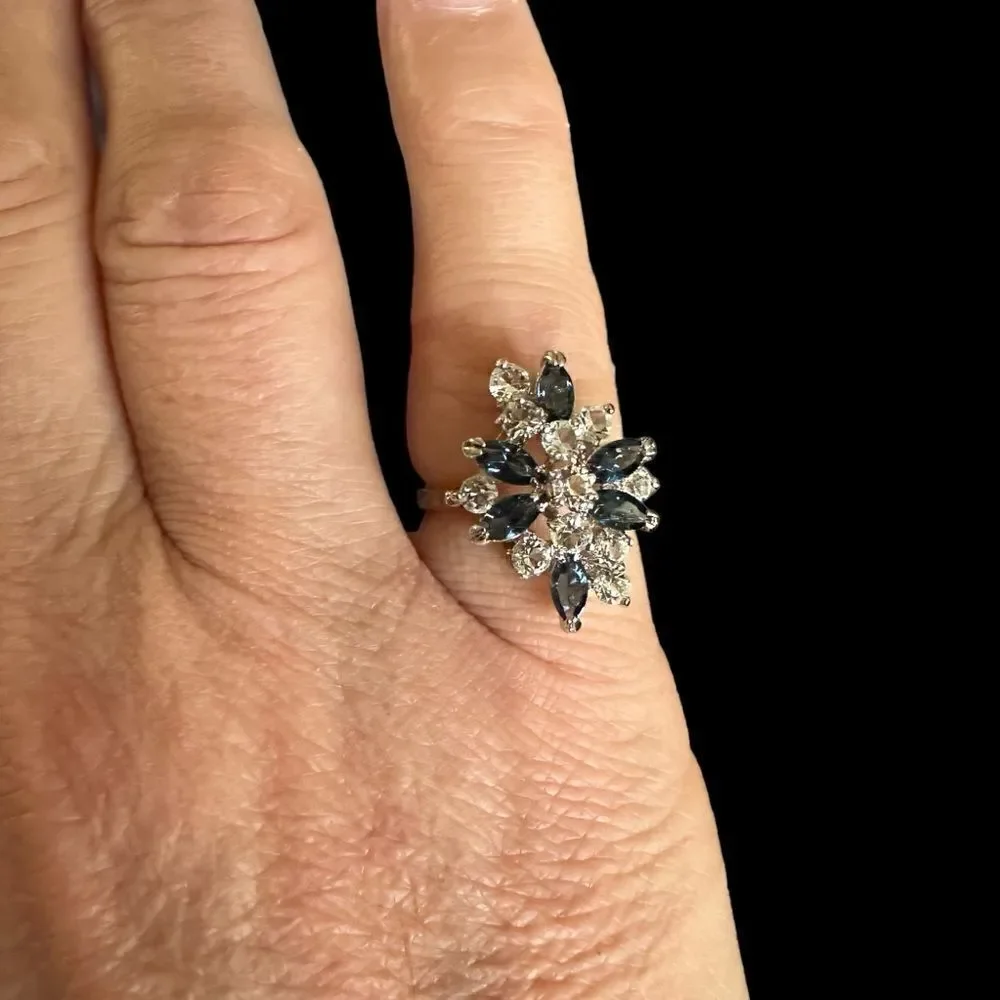 Vintage 18KT HGF Gold Sapphire blue gemstone and CZ cocktail ring Size 8-8.5
